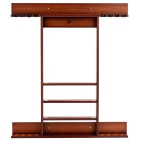 Brown Pine Wood Wall-Mounted Billiards Cue Rack, Holds 8 Cues & 16 Balls with 5 Storage Compartments